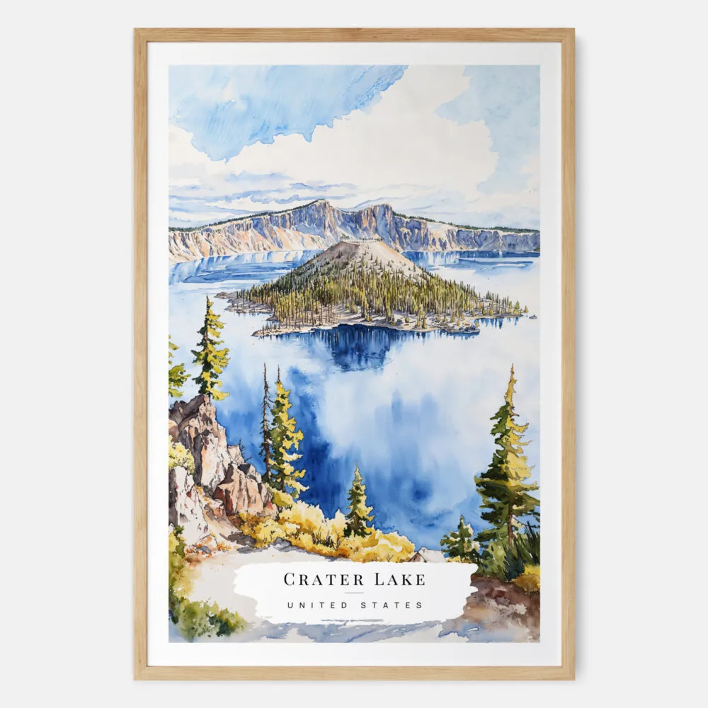 Crater Lake Watercolor Art Print - Main - Wood Frame