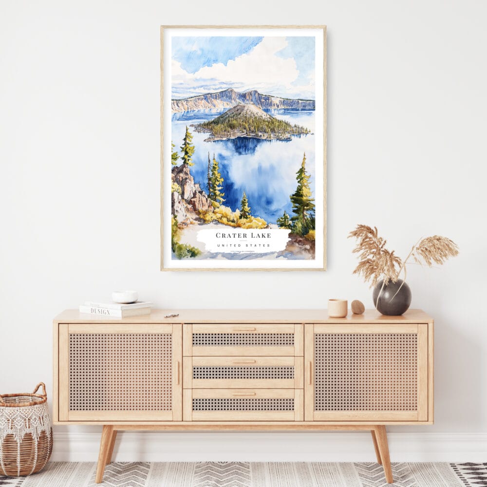 Crater Lake Watercolor Art Print - Shelf - Portrait Crater Lake Watercolor Art Print - Shelf - Portrait