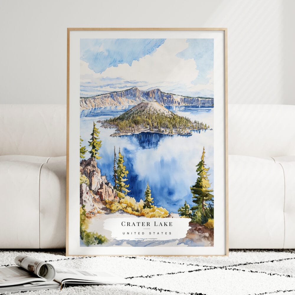 Crater Lake Watercolor Art Print - Wood Frame standing on Floor Crater Lake Watercolor Art Print - Wood Frame standing on Floor
