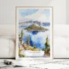 Crater Lake Watercolor Art Print - Wood Frame standing on Floor
