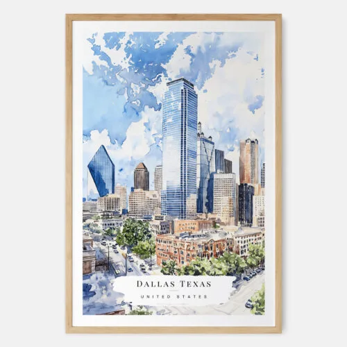Dallas Texas Watercolor Art Print - Main - Wood Frame
