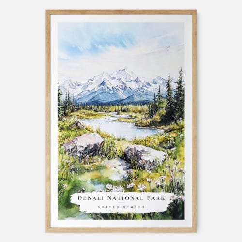 Denali National Park Watercolor Art Print - Main - Wood Frame
