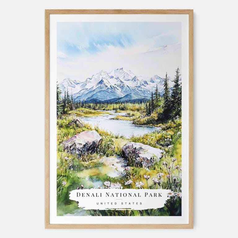 Denali National Park Watercolor Art Print - Main - Wood Frame