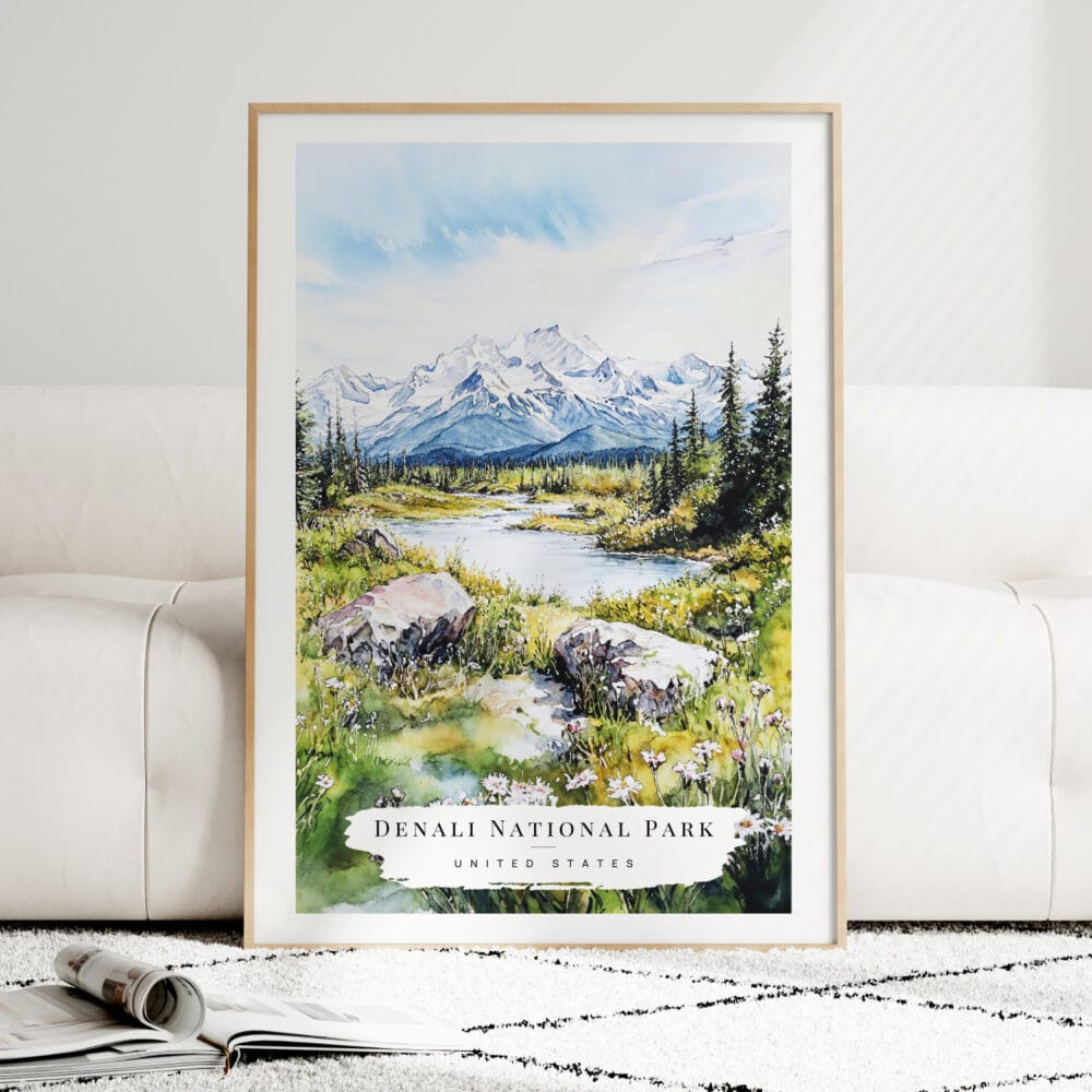 Denali National Park Watercolor Art Print - Wood Frame standing on Floor Denali National Park Watercolor Art Print - Wood Frame standing on Floor