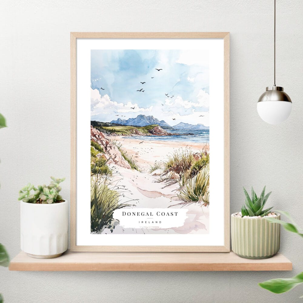 Donegal Coast Watercolor Art Print on shelf Donegal Coast Watercolor Art Print on shelf