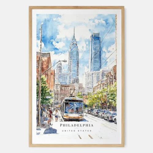Downtown Philadelphia Watercolor Art Print - Main - Wood Frame