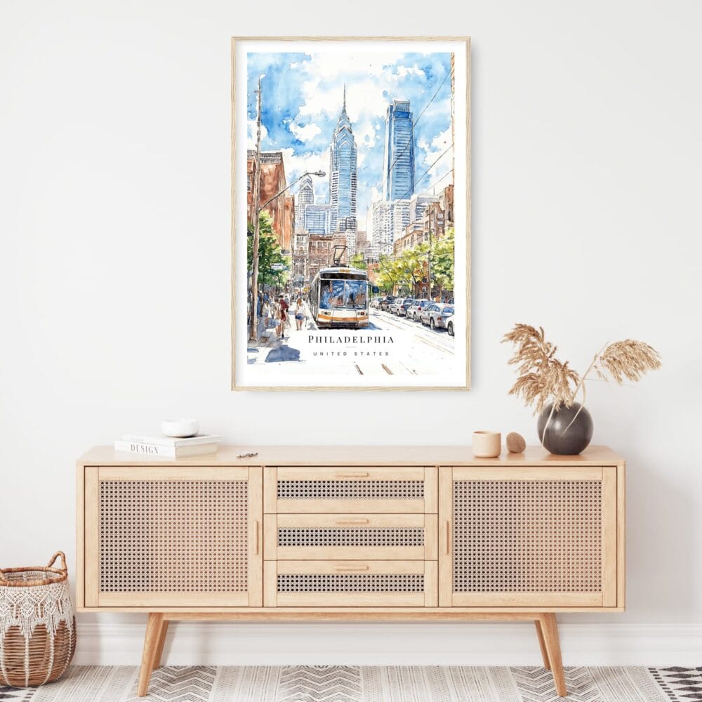 Downtown Philadelphia Watercolor Art Print - Shelf - Portrait Downtown Philadelphia Watercolor Art Print - Shelf - Portrait
