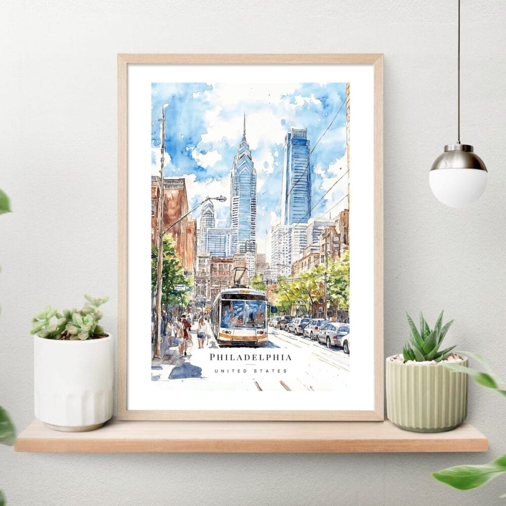 Downtown Philadelphia Watercolor Art Print on shelf Downtown Philadelphia Watercolor Art Print on shelf