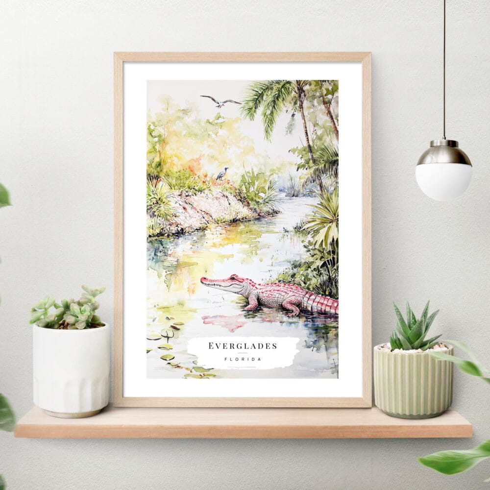 Florida Everglades Watercolor Art Print on shelf Florida Everglades Watercolor Art Print on shelf