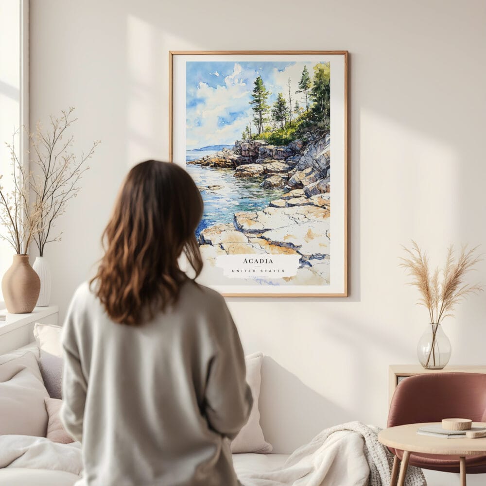 Framed Acadia National Park Watercolor Wall Art - In Living Room with Woman Looking at it - Portrait Framed Acadia National Park Watercolor Wall Art - In Living Room with Woman Looking at it - Portrait