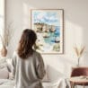 Framed Algarve Beach Watercolor Wall Art - In Living Room with Woman Looking at it - Portrait