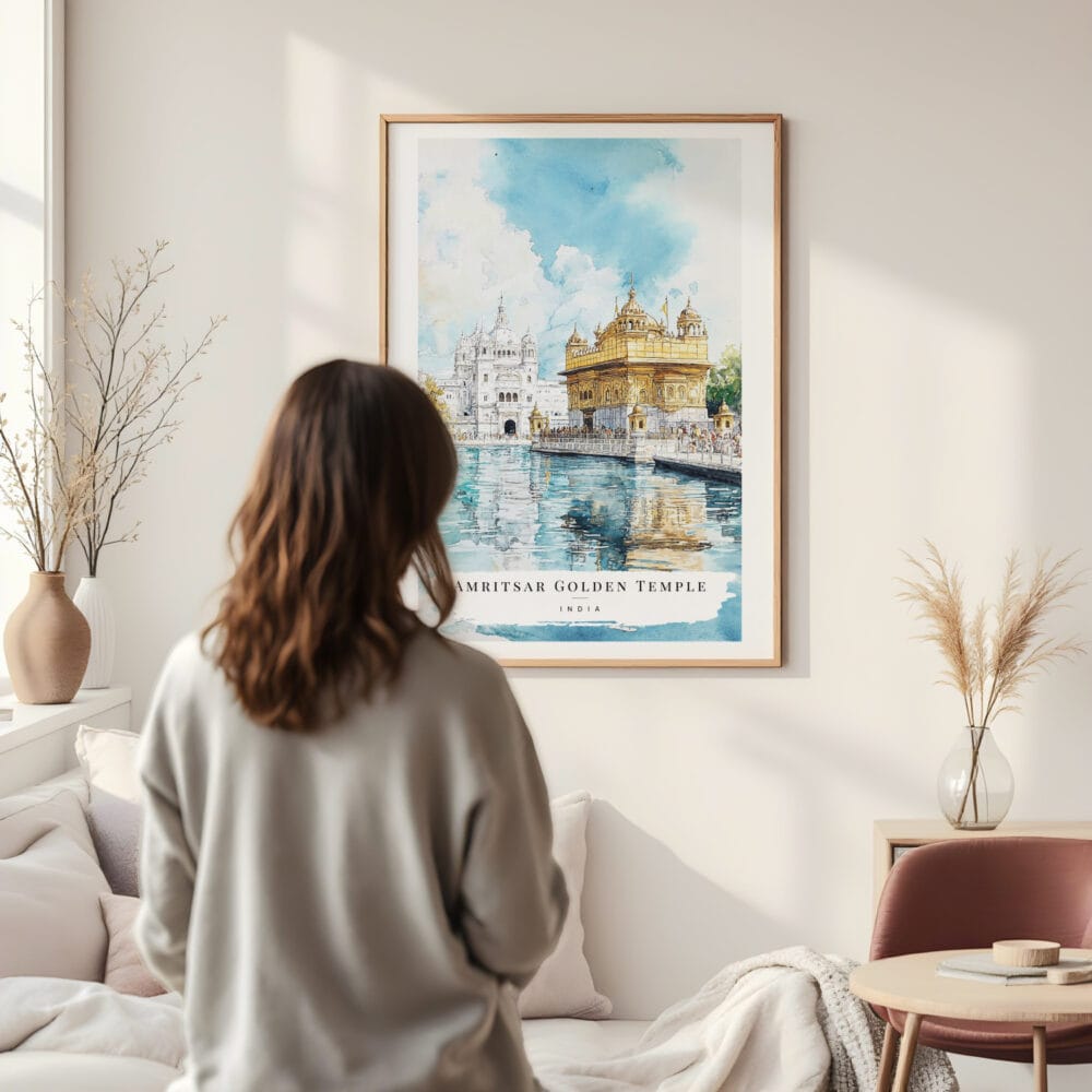 Framed Amritsar Golden Temple Watercolor Wall Art - In Living Room with Woman Looking at it - Portrait Framed Amritsar Golden Temple Watercolor Wall Art - In Living Room with Woman Looking at it - Portrait