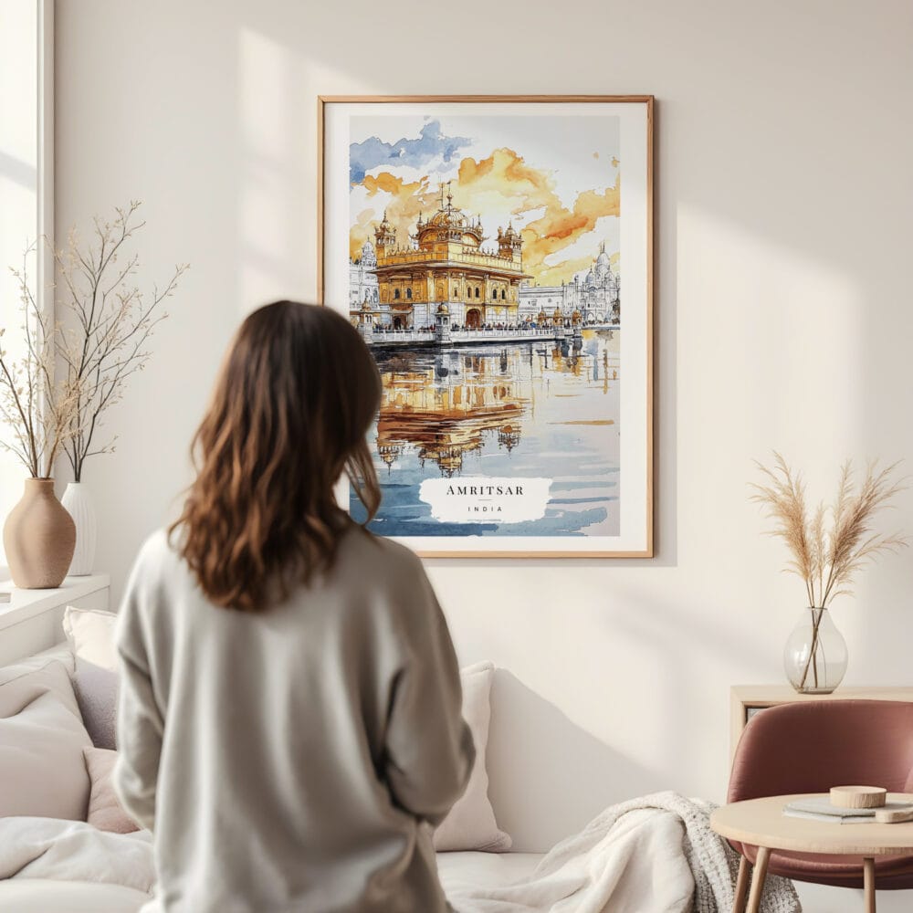Framed Amritsar India Watercolor Wall Art - In Living Room with Woman Looking at it - Portrait Framed Amritsar India Watercolor Wall Art - In Living Room with Woman Looking at it - Portrait