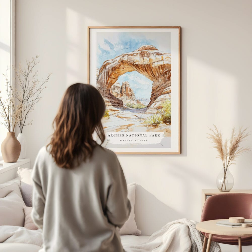 Framed Arches National Park Watercolor Wall Art - In Living Room with Woman Looking at it - Portrait Framed Arches National Park Watercolor Wall Art - In Living Room with Woman Looking at it - Portrait