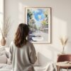 Framed Barcelona Las Ramblas Watercolor Wall Art - In Living Room with Woman Looking at it - Portrait