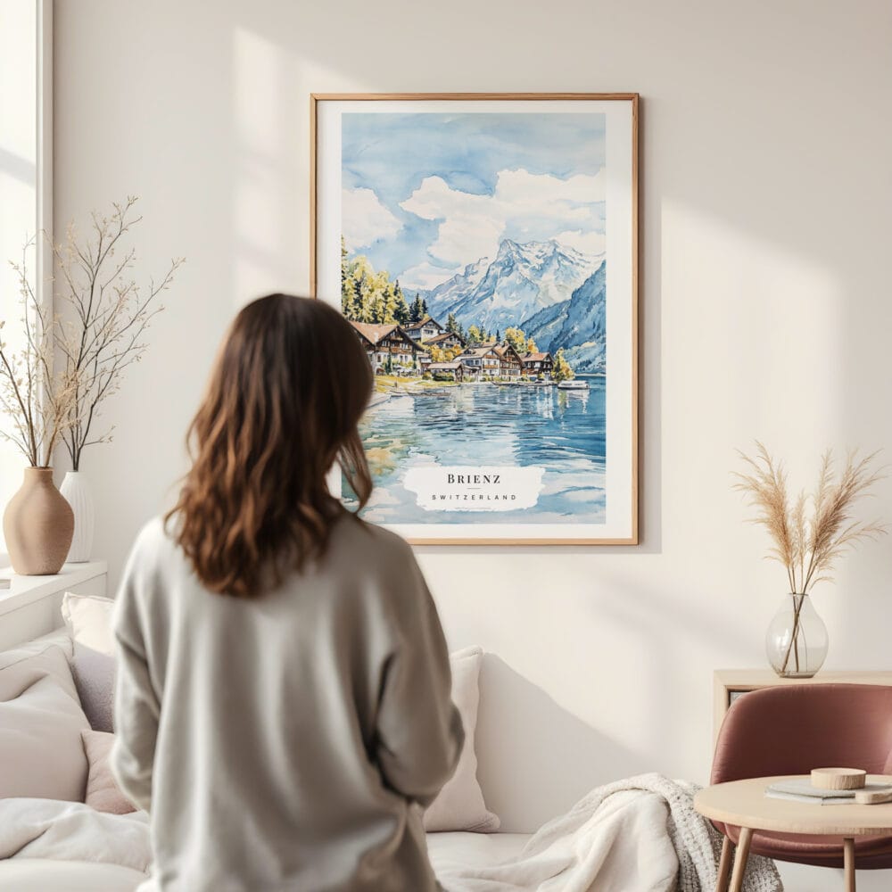 Framed Brienz Watercolor Wall Art - In Living Room with Woman Looking at it - Portrait Framed Brienz Watercolor Wall Art - In Living Room with Woman Looking at it - Portrait