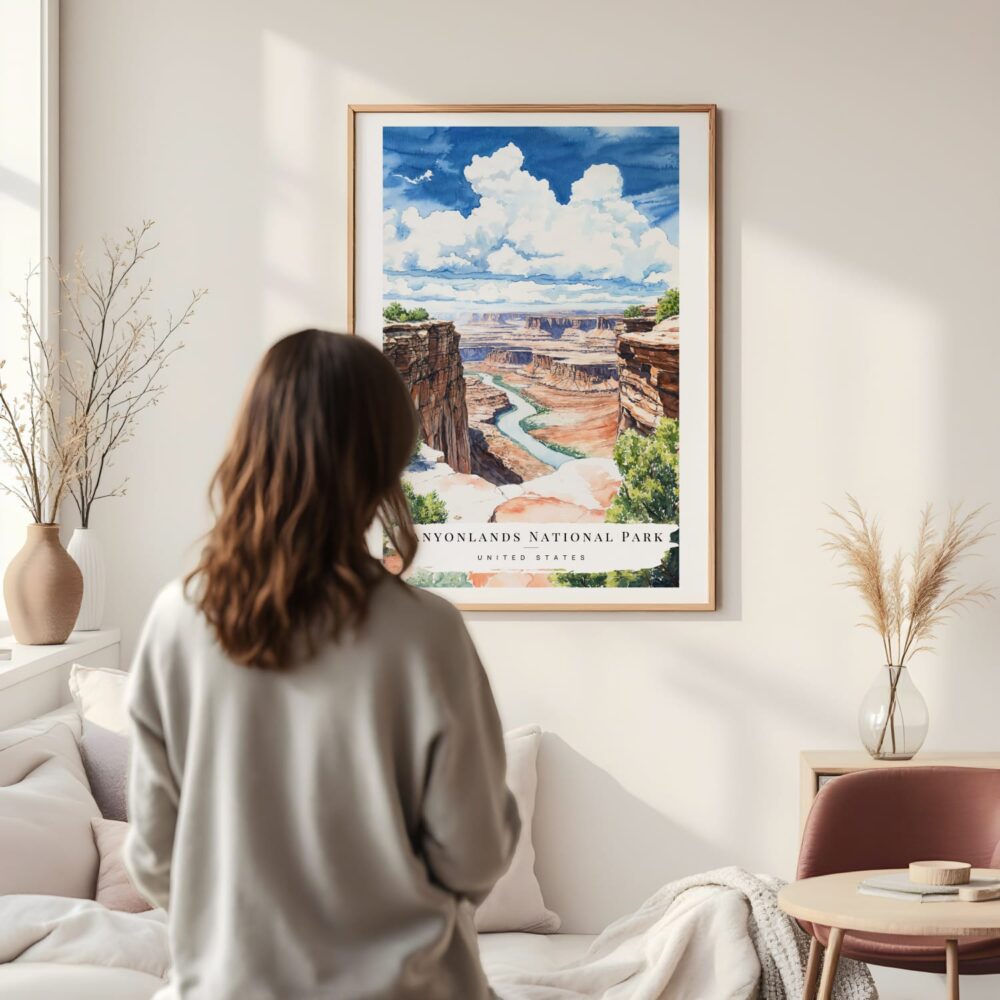 Framed Canyonland Watercolor Wall Art - In Living Room with Woman Looking at it - Portrait Framed Canyonland Watercolor Wall Art - In Living Room with Woman Looking at it - Portrait