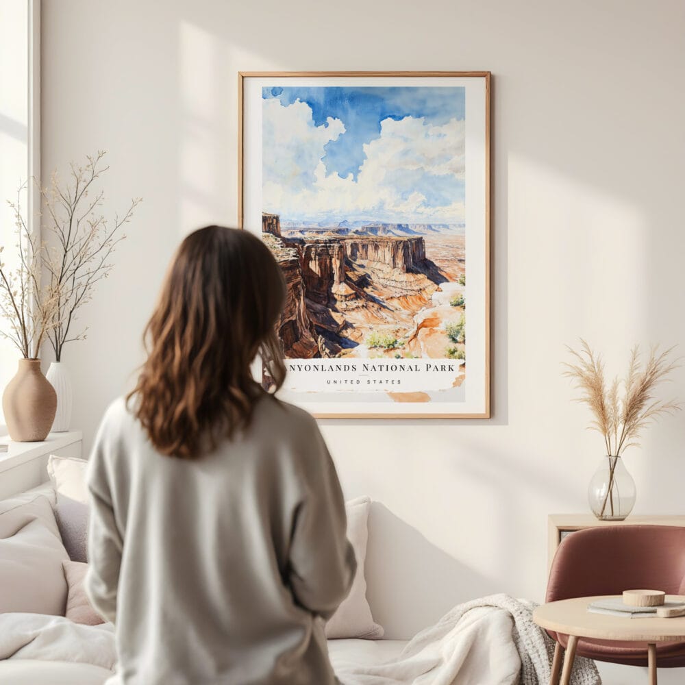 Framed Canyonlands National Park Watercolor Wall Art - In Living Room with Woman Looking at it - Portrait Framed Canyonlands National Park Watercolor Wall Art - In Living Room with Woman Looking at it - Portrait