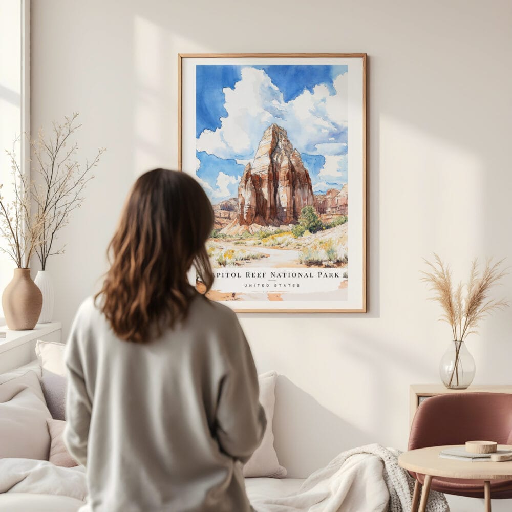 Framed Capitol Reef National Park Watercolor Wall Art - In Living Room with Woman Looking at it - Portrait Framed Capitol Reef National Park Watercolor Wall Art - In Living Room with Woman Looking at it - Portrait