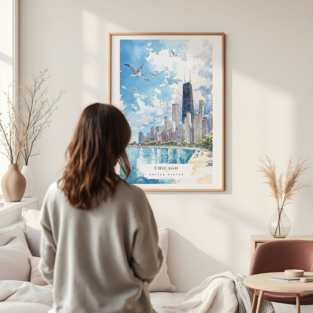 Framed Chicago Skyline Watercolor Wall Art - In Living Room with Woman Looking at it - Portrait Framed Chicago Skyline Watercolor Wall Art - In Living Room with Woman Looking at it - Portrait
