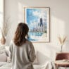 Framed Chicago Skyline Watercolor Wall Art - In Living Room with Woman Looking at it - Portrait