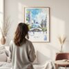 Framed Chicago The Bean Cloud Gate Watercolor Wall Art - In Living Room with Woman Looking at it - Portrait