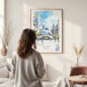 Framed Chicago The Bean Cloud Gate Watercolor Wall Art - In Living Room with Woman Looking at it - Portrait