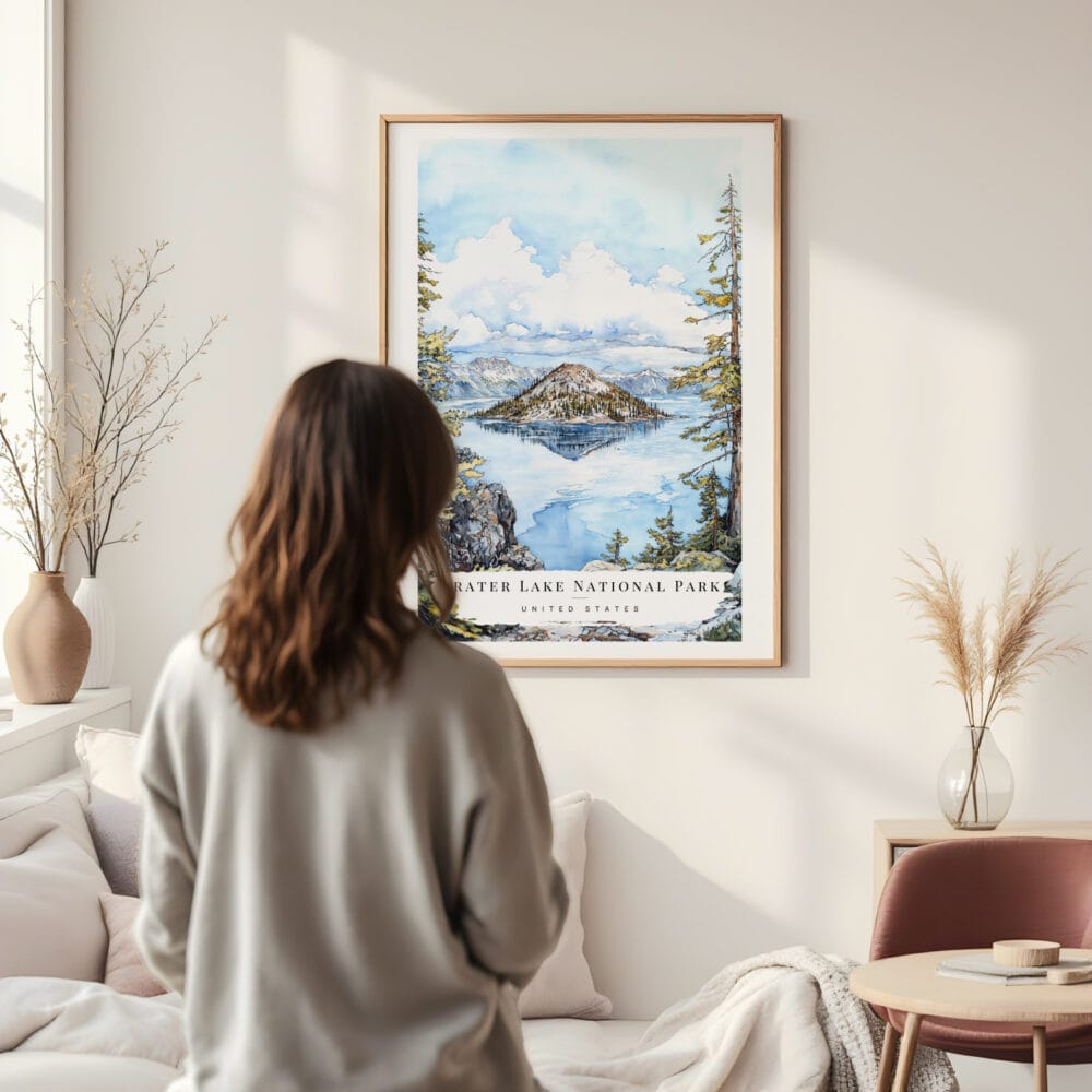 Framed Crater Lake National Park Watercolor Wall Art - In Living Room with Woman Looking at it - Portrait Framed Crater Lake National Park Watercolor Wall Art - In Living Room with Woman Looking at it - Portrait