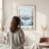 Framed Crater Lake National Park Watercolor Wall Art - In Living Room with Woman Looking at it - Portrait