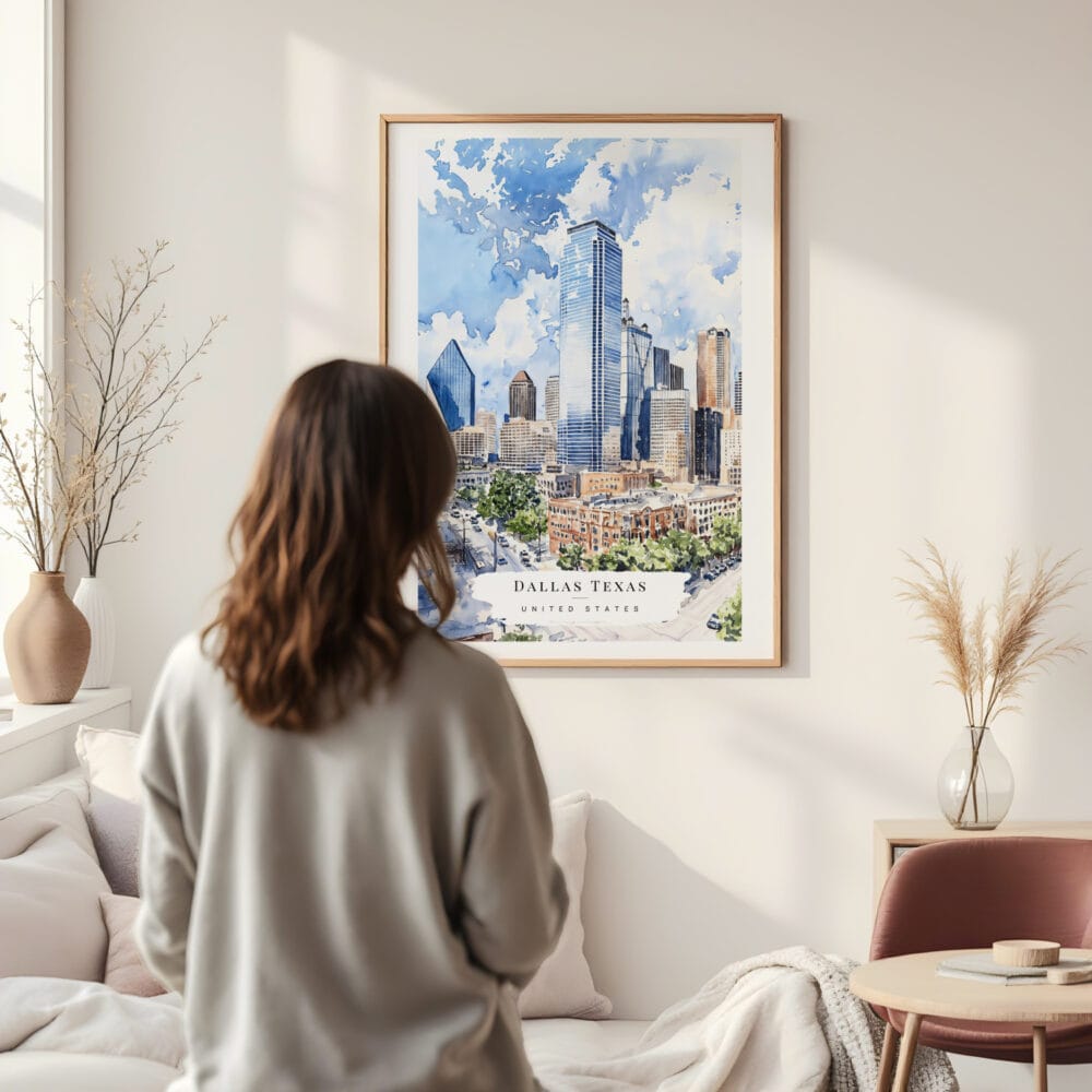 Framed Dallas Texas Watercolor Wall Art - In Living Room with Woman Looking at it - Portrait Framed Dallas Texas Watercolor Wall Art - In Living Room with Woman Looking at it - Portrait