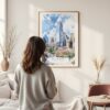 Framed Dallas Texas Watercolor Wall Art - In Living Room with Woman Looking at it - Portrait
