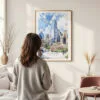 Framed Dallas Texas Watercolor Wall Art - In Living Room with Woman Looking at it - Portrait