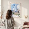 Framed Dallas Texas Watercolor Wall Art - In Living Room with Woman Looking at it - Portrait