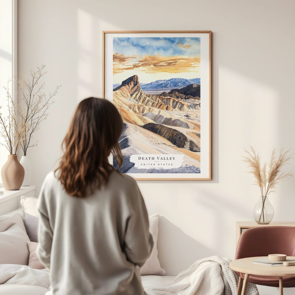 Framed Death Valley National Park Watercolor Wall Art - In Living Room with Woman Looking at it - Portrait Framed Death Valley National Park Watercolor Wall Art - In Living Room with Woman Looking at it - Portrait
