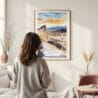 Framed Death Valley National Park Watercolor Wall Art - In Living Room with Woman Looking at it - Portrait