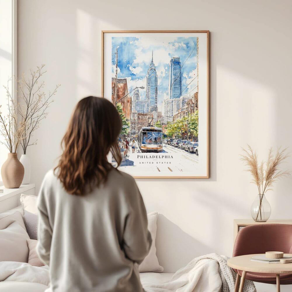 Framed Downtown Philadelphia Watercolor Wall Art - In Living Room with Woman Looking at it - Portrait Framed Downtown Philadelphia Watercolor Wall Art - In Living Room with Woman Looking at it - Portrait