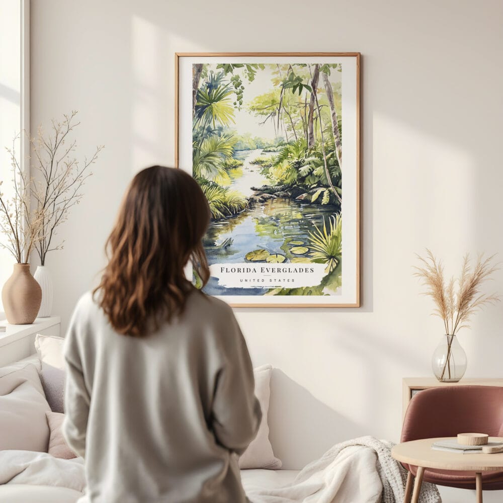 Framed Everglades National Park Watercolor Wall Art - In Living Room with Woman Looking at it - Portrait Framed Everglades National Park Watercolor Wall Art - In Living Room with Woman Looking at it - Portrait