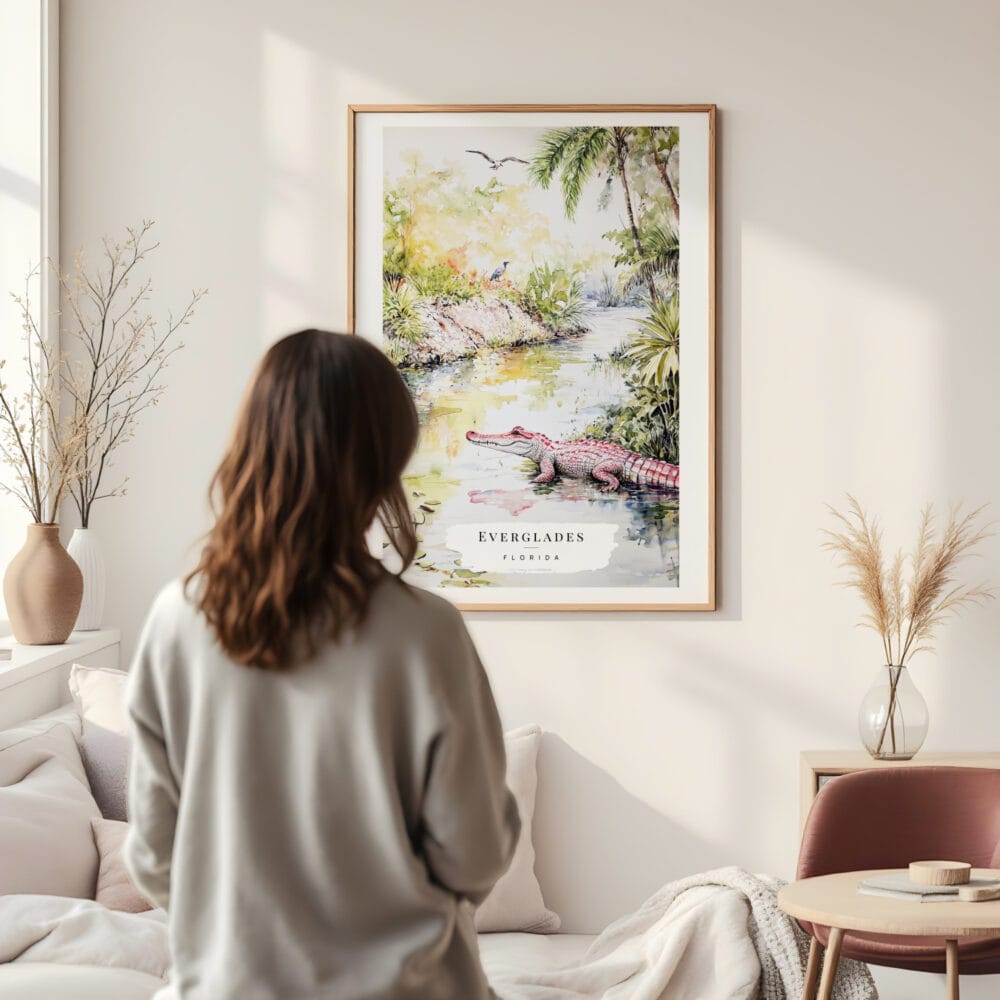 Framed Florida Everglades Watercolor Wall Art - In Living Room with Woman Looking at it - Portrait Framed Florida Everglades Watercolor Wall Art - In Living Room with Woman Looking at it - Portrait