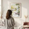 Framed Florida Everglades Watercolor Wall Art - In Living Room with Woman Looking at it - Portrait