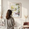 Framed Florida Everglades Watercolor Wall Art - In Living Room with Woman Looking at it - Portrait