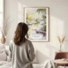 Framed Florida Everglades Watercolor Wall Art - In Living Room with Woman Looking at it - Portrait