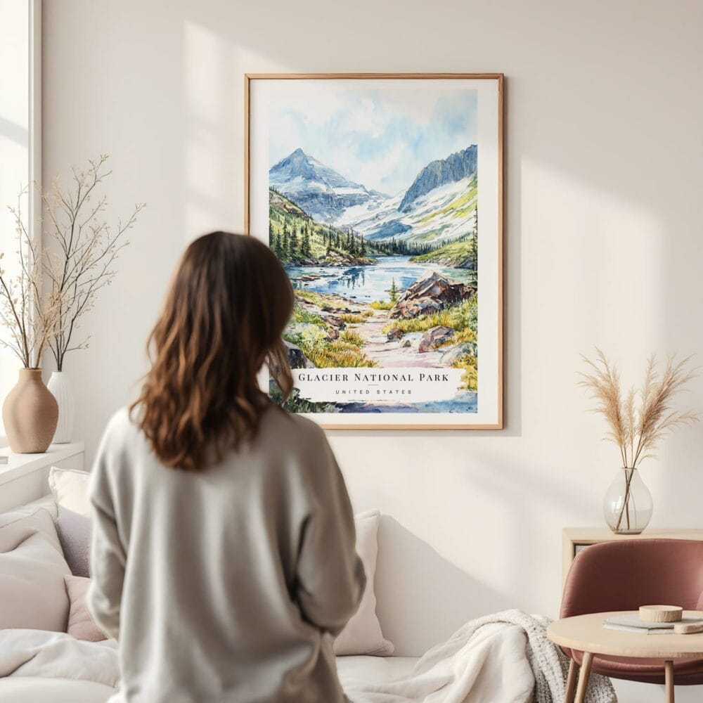 Framed Glacier National Park Watercolor Wall Art - In Living Room with Woman Looking at it - Portrait Framed Glacier National Park Watercolor Wall Art - In Living Room with Woman Looking at it - Portrait