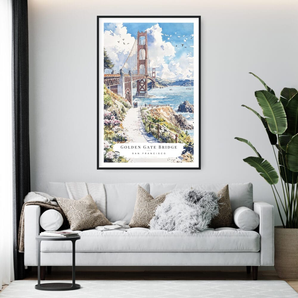 Framed Golden Gate Bridge Watercolor Wall Art - Living Room - Portrait Framed Golden Gate Bridge Watercolor Wall Art - Living Room - Portrait