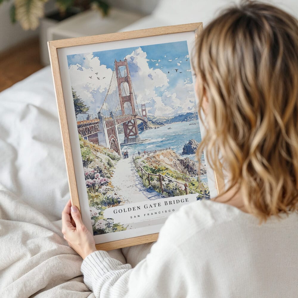 Framed Golden Gate Bridge Watercolor Wall Art - Woman Holding - Portrait Framed Golden Gate Bridge Watercolor Wall Art - Woman Holding - Portrait