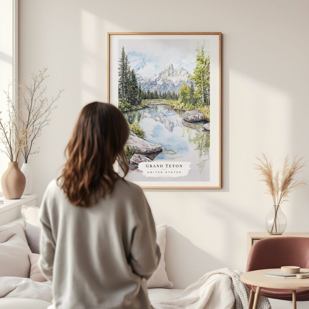 Framed Grand Teton National Park Watercolor Wall Art - In Living Room with Woman Looking at it - Portrait Framed Grand Teton National Park Watercolor Wall Art - In Living Room with Woman Looking at it - Portrait