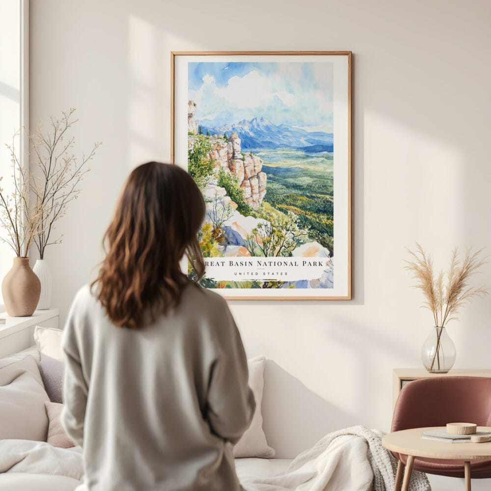 Framed Great Basin National Park Watercolor Wall Art - In Living Room with Woman Looking at it - Portrait Framed Great Basin National Park Watercolor Wall Art - In Living Room with Woman Looking at it - Portrait