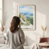 Framed Great Basin National Park Watercolor Wall Art - In Living Room with Woman Looking at it - Portrait
