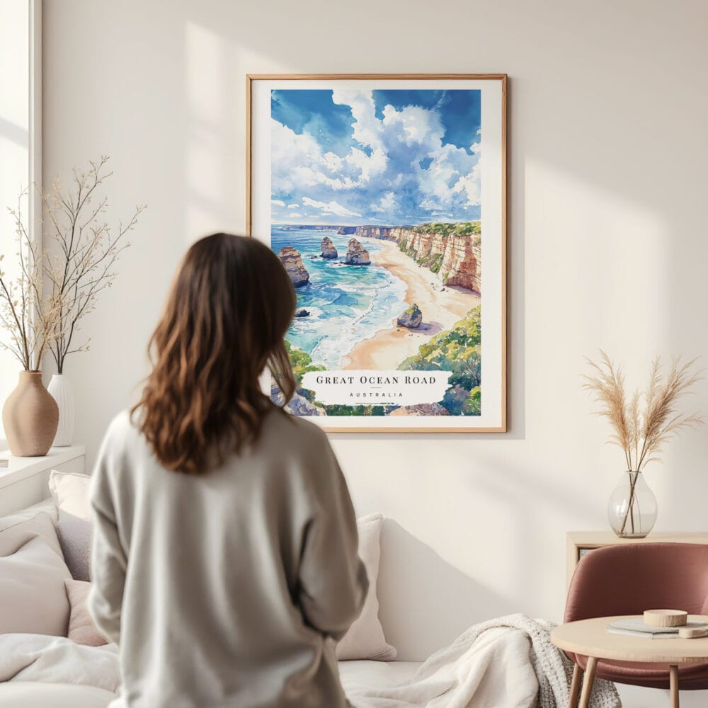 Framed Great Ocean Road Australia Watercolor Wall Art - In Living Room with Woman Looking at it - Portrait Framed Great Ocean Road Australia Watercolor Wall Art - In Living Room with Woman Looking at it - Portrait