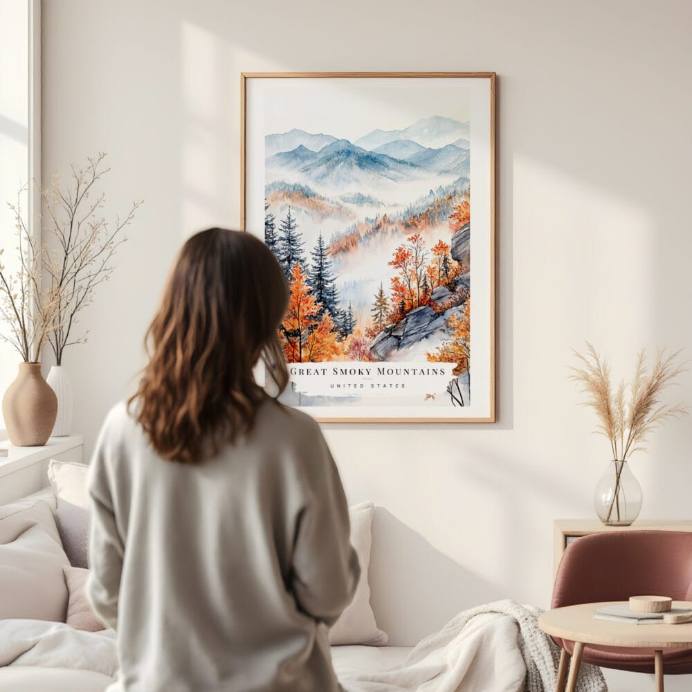 Framed Great Smokey Mountains Watercolor Wall Art - In Living Room with Woman Looking at it - Portrait Framed Great Smokey Mountains Watercolor Wall Art - In Living Room with Woman Looking at it - Portrait
