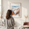 Framed Great Smokey Mountains Watercolor Wall Art - In Living Room with Woman Looking at it - Portrait